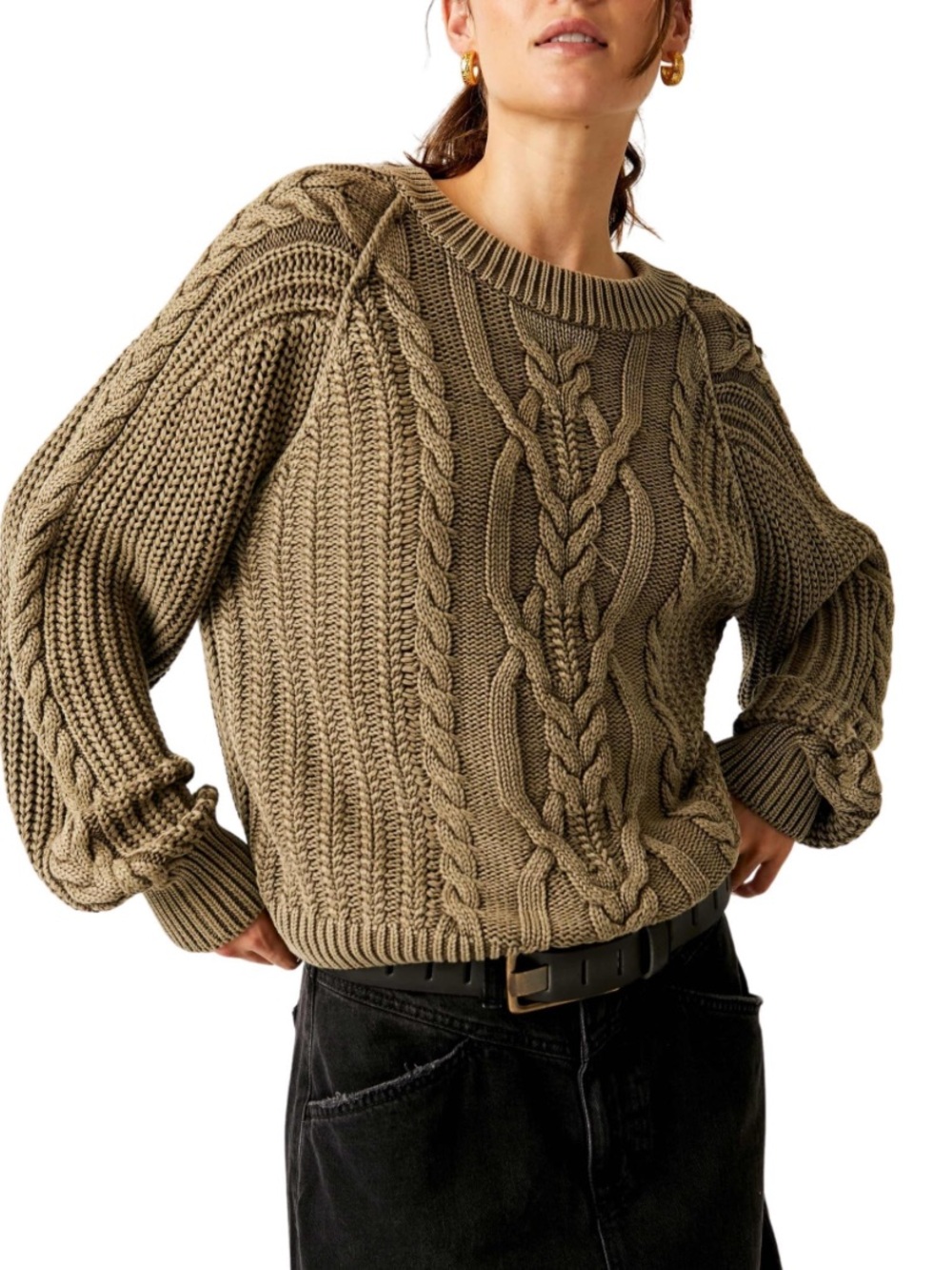 FREE PEOPLE FRANKIE CABLE KNIT SWEATED / BEACH LEAVES GREEN